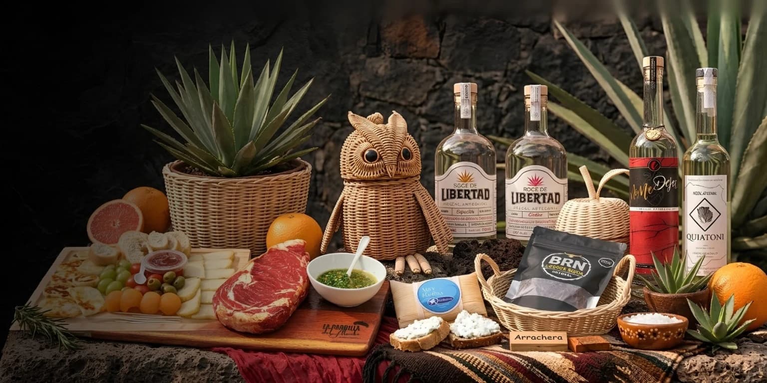 Spirits bottles, wicker and clay crafts, meats, cheeses, citrus fruits and agaves in The Mega Drinks Marketplace